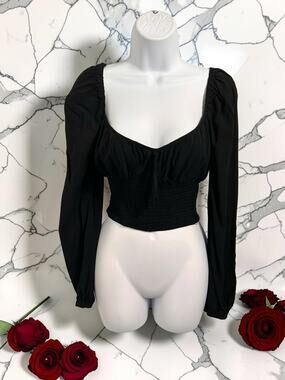 Black Smocked Boho Blouse Sz Medium Goth Long-Sleeve Victorian Top Forever 21